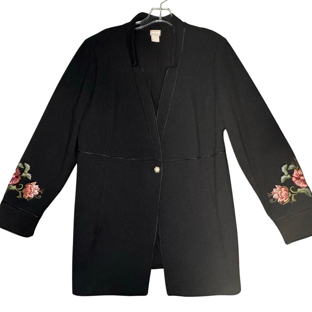 NWOT Chico's Button Front Embroidery Accents Thigh Length Jacket Women 2 L Black